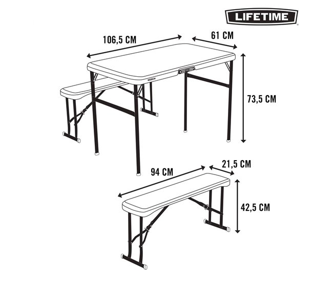 Conjunto plegable mesa y 2 bancos utrarresistente LIFETIME 106x61x74 cm UV100 Creme