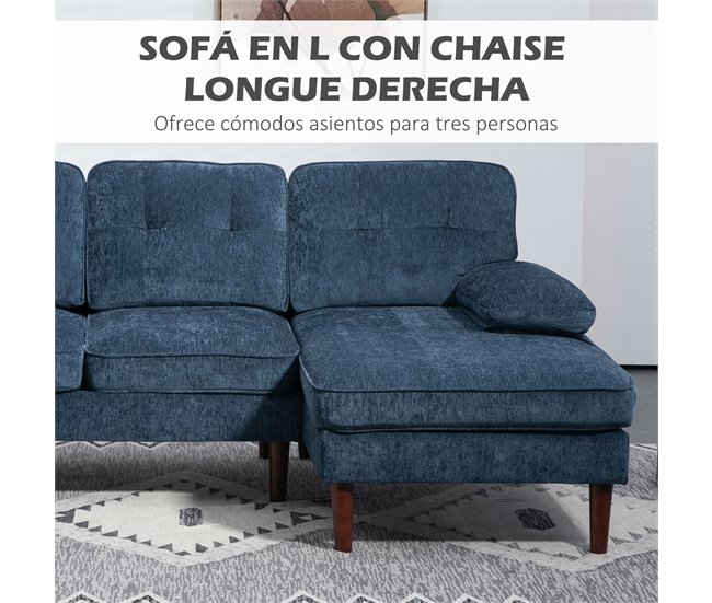 Sofá Chaise Longue chenille (100% poliéster), espuma, aço, madeira de borracha HOMCOM Azul