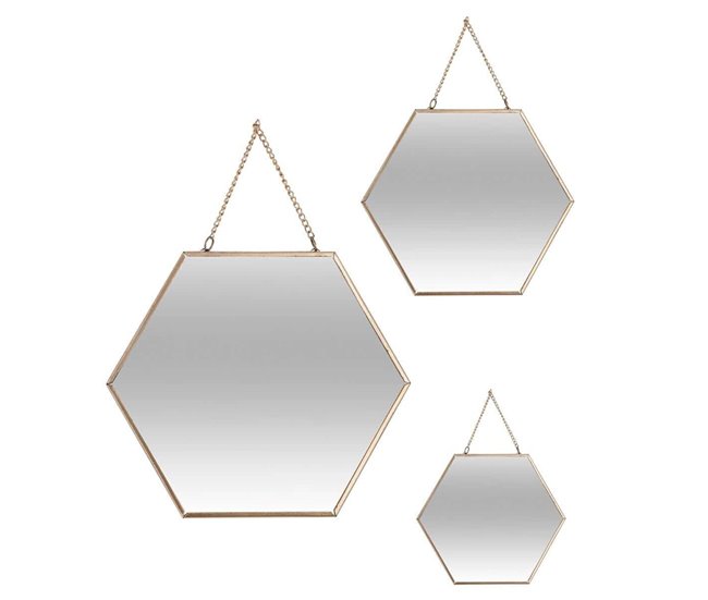 Conjunto de 3 espelhos dourados exagonais 29x26 Dourado