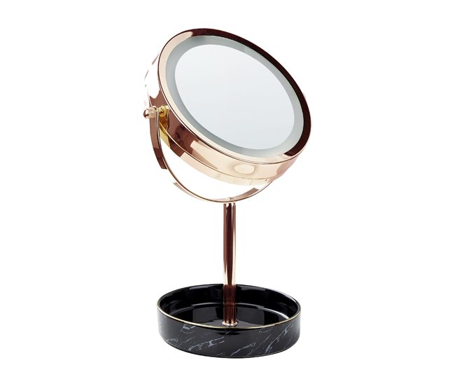 Beliani Espelho de Maquilhagem Metal Branco e Prateado Base Cerâmica ø 26  cm com Luz led Ampliação 1x/5x Dupla Face 15x20x34 - 4255664811462