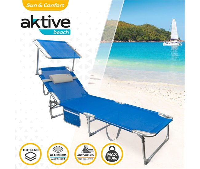 Espreguiçadeira dobrável Aktive Beach com guarda-sol e almofada Azul