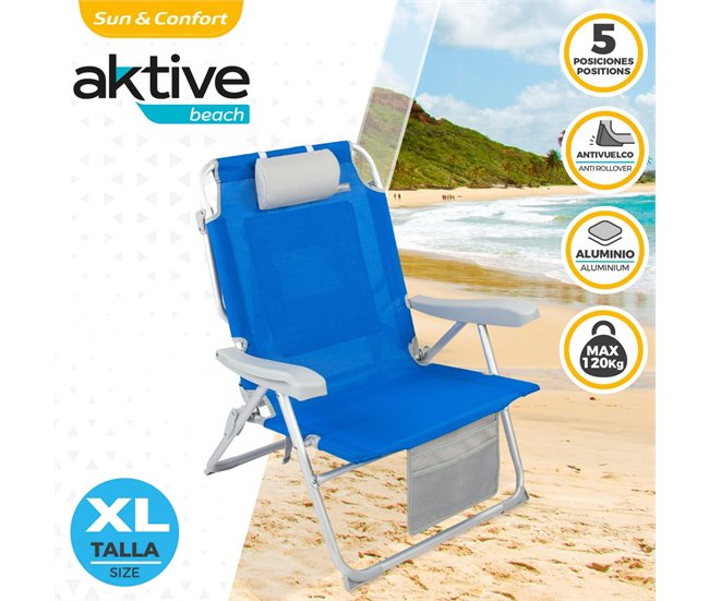 Cadeira de praia mochila ultrarresistente XL 120 kg c/almofada, bolsa e bolso Aktive Azul