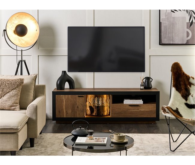 Móvel de tv com 1 gaveta e 1 porta em madeira clara e preto MARANA Castanho