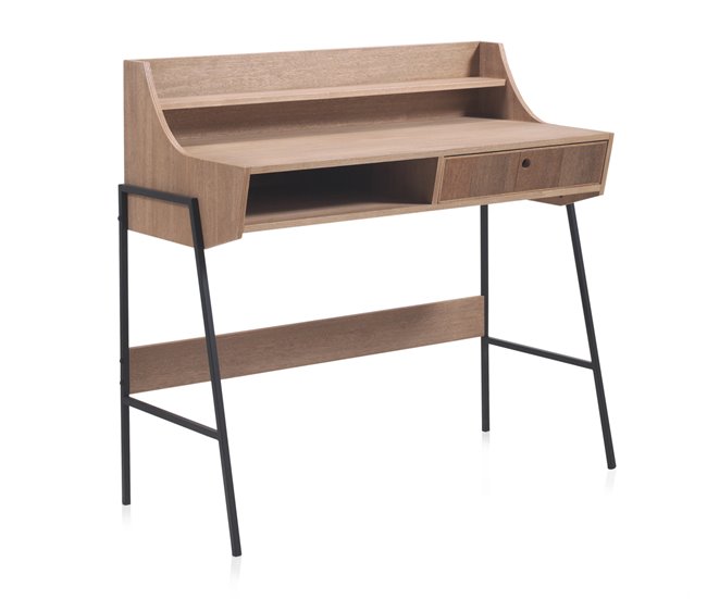 Mesa escrivaninha de madeira de freixo com gaveta e base de metal Natural