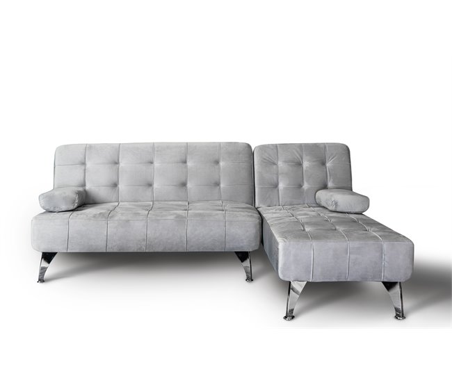 Sofá-cama com chaise longue e mesa de apoio Cinza Claro