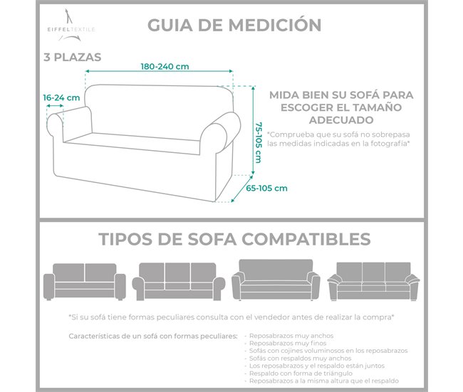  Capa de sofá elástica em tecido Eiffel adaptável. Protector de capa de sofá Milan. 3 lugares (180-230 cm) Bege