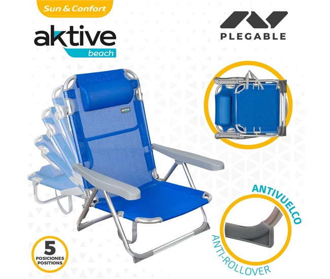 Pack económico 2 cadeiras de praia Gomera cadeiras de praia multiposição anti-tombamento c/ almofada 48x60x90 cm Aktive Cinza