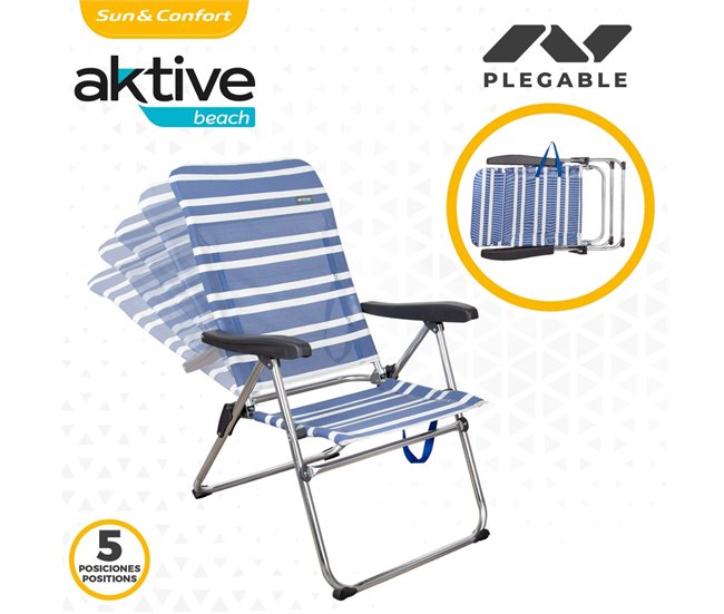Cadeira de praia dobrável alta de 5 posições Aktive 46,5x63x93 cm Azul