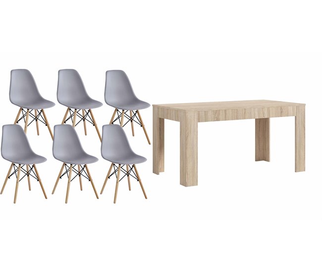Mesa de jantar ou cozinha Cambria + 6 cadeiras brancas estilo nórdico 138x80 Carvalho Cinza