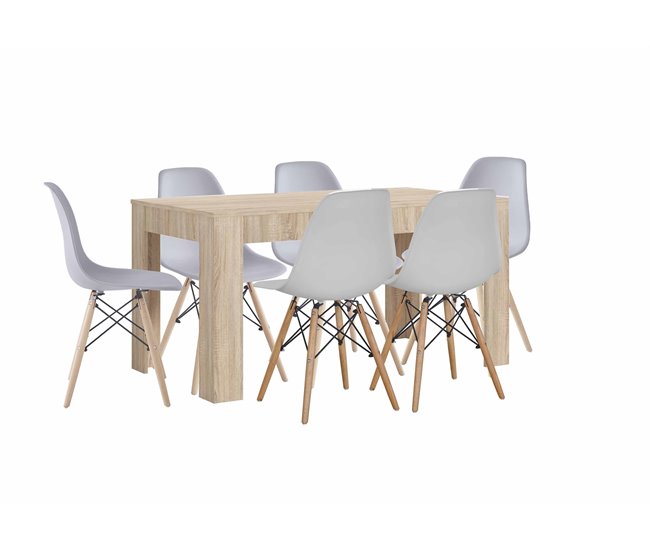 Mesa de jantar ou cozinha Cambria + 6 cadeiras brancas estilo nórdico 138x80 Carvalho Cinza