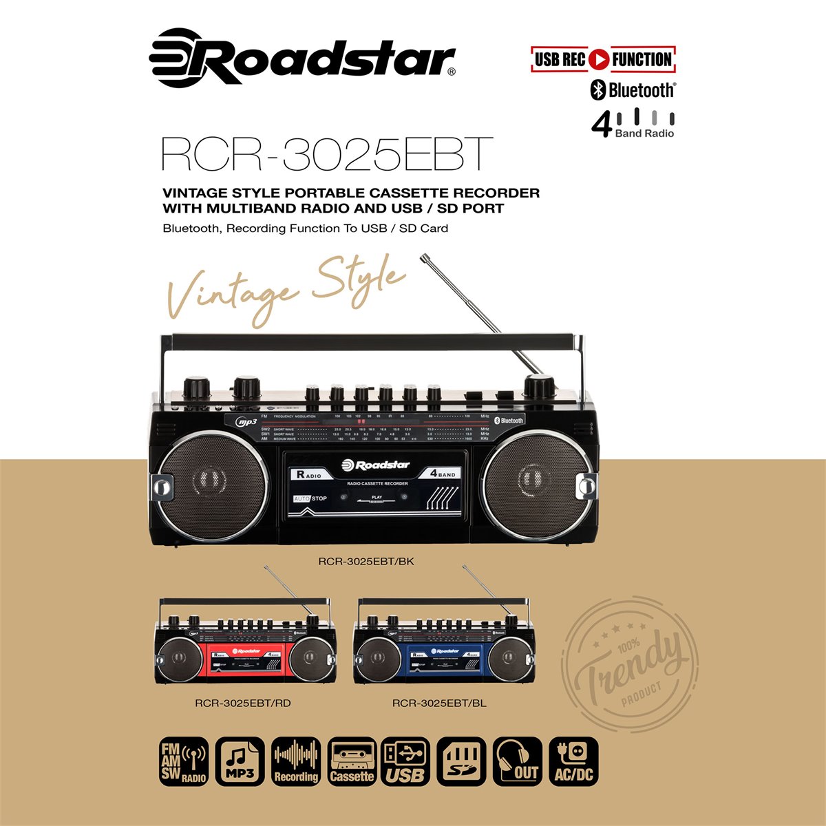 Roadstar RCR-4635UMPBK Radio CD Portátil Cassette, Digital PLL FM