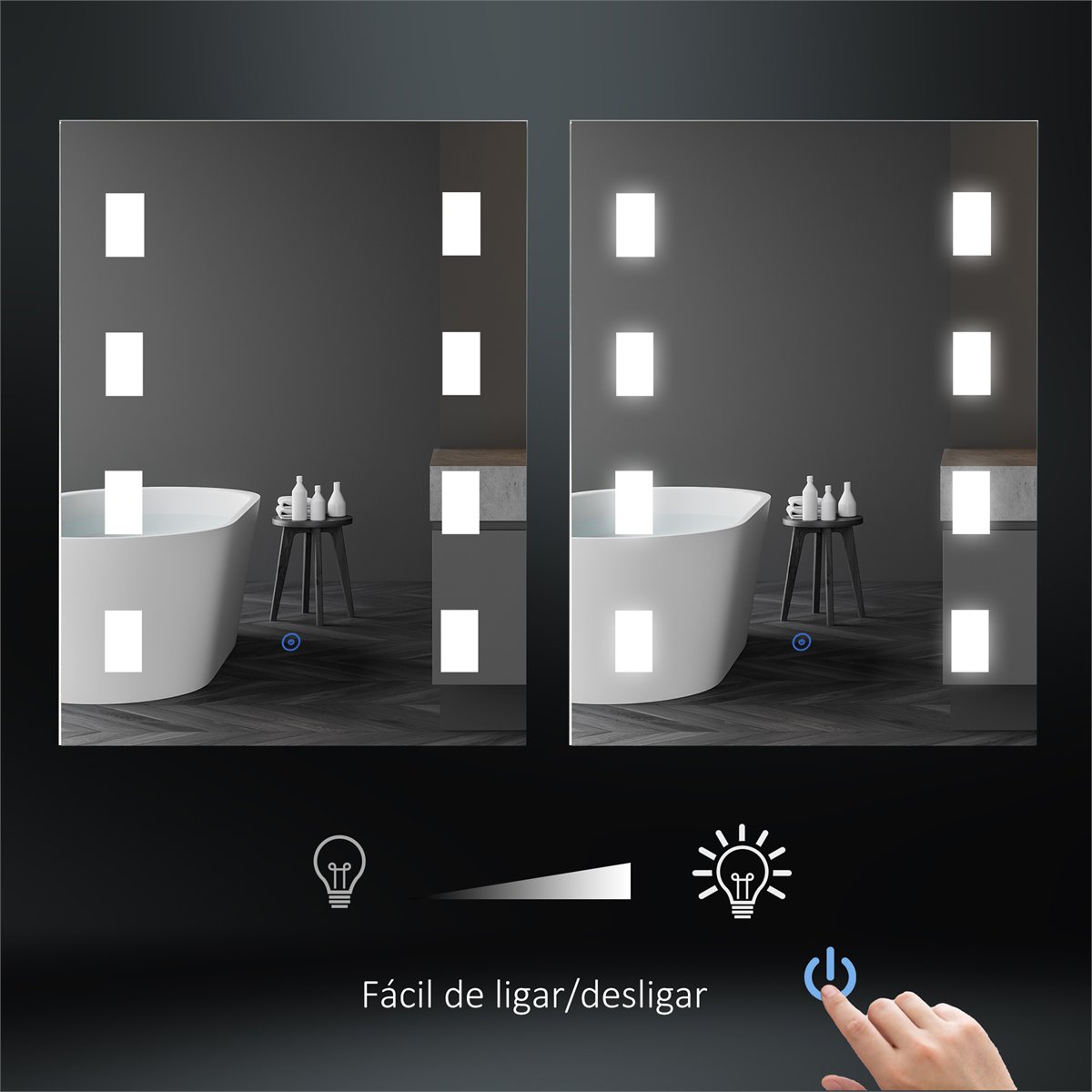 kleankin Espelho de casa de banho com luz LED Espelho de parede com  iluminação 70x50 cm Interruptor táctil 3 luzes Função anti-embaciamento  ajustável e moldura de alumínio Espelho suspenso em 2 formas
