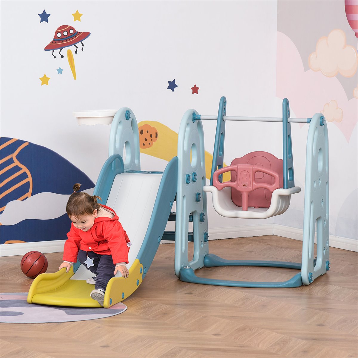 HOMCOM Escorrega Infantil Dobrável com Cesta de Basquetebol para Crianças  acima de 18 meses Modelo Disco Voador para Interiores e Exteriores  140x87x75cm Azul e Cinza